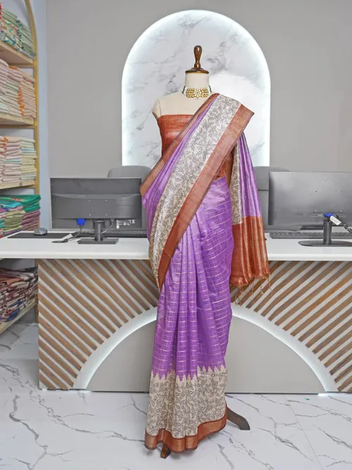 Elegant Semi Tussar Silk Saree with Artistic Prints & Trendy Checks – Includes Printed Blouse with Tassels